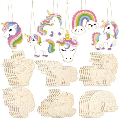 Fullhawl 36 Pack Wooden Unicorn Cutouts Crafts Unfinished Wood Unicorn Head Cutouts to Paint DIY Crafts for Hanging Ornaments Rainbow Party Decorations Gift Tags Home Craft