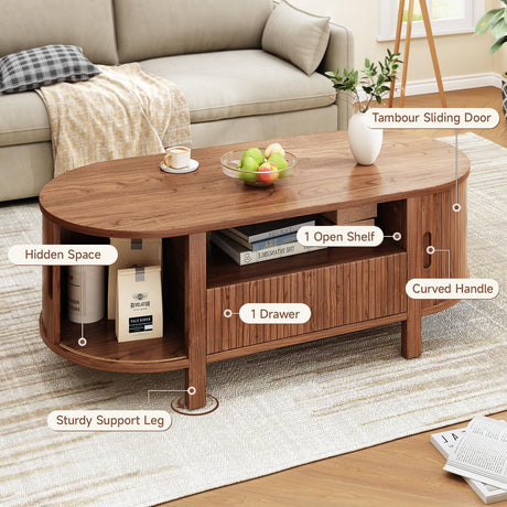 ONBRILL 47.2 Inch Oval Coffee Table with Storage, Mid Century Modern Coffee Table with Drawer, Center Table with Sliding Door and Wood Fluted Handle for Living Room, Walnut ONBRILL