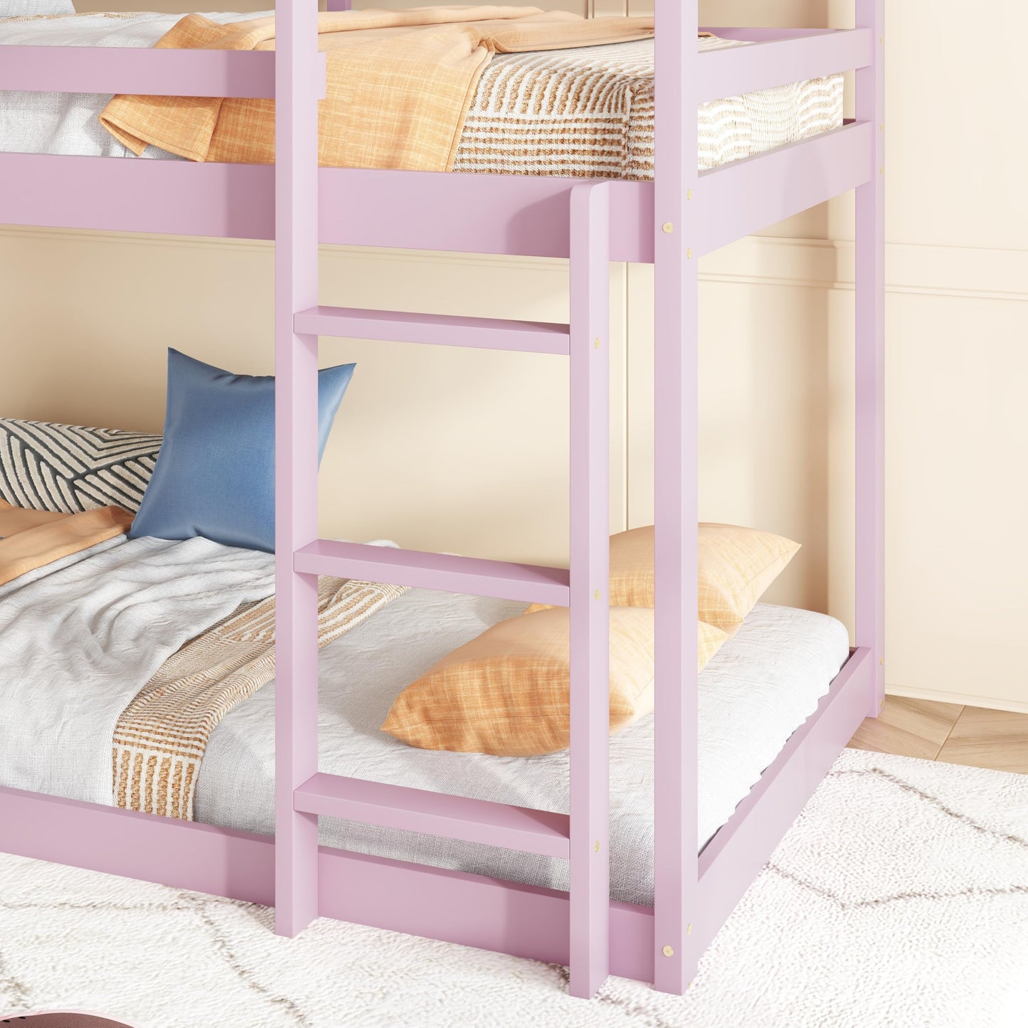 Twin Over Twin House Bunk Bed for Kids,Twin Size Low Bunk Beds with Ladder,Floor Bunk Bed Twin Over Twin,Solid Bunk Bed for Girls Boys,Pink