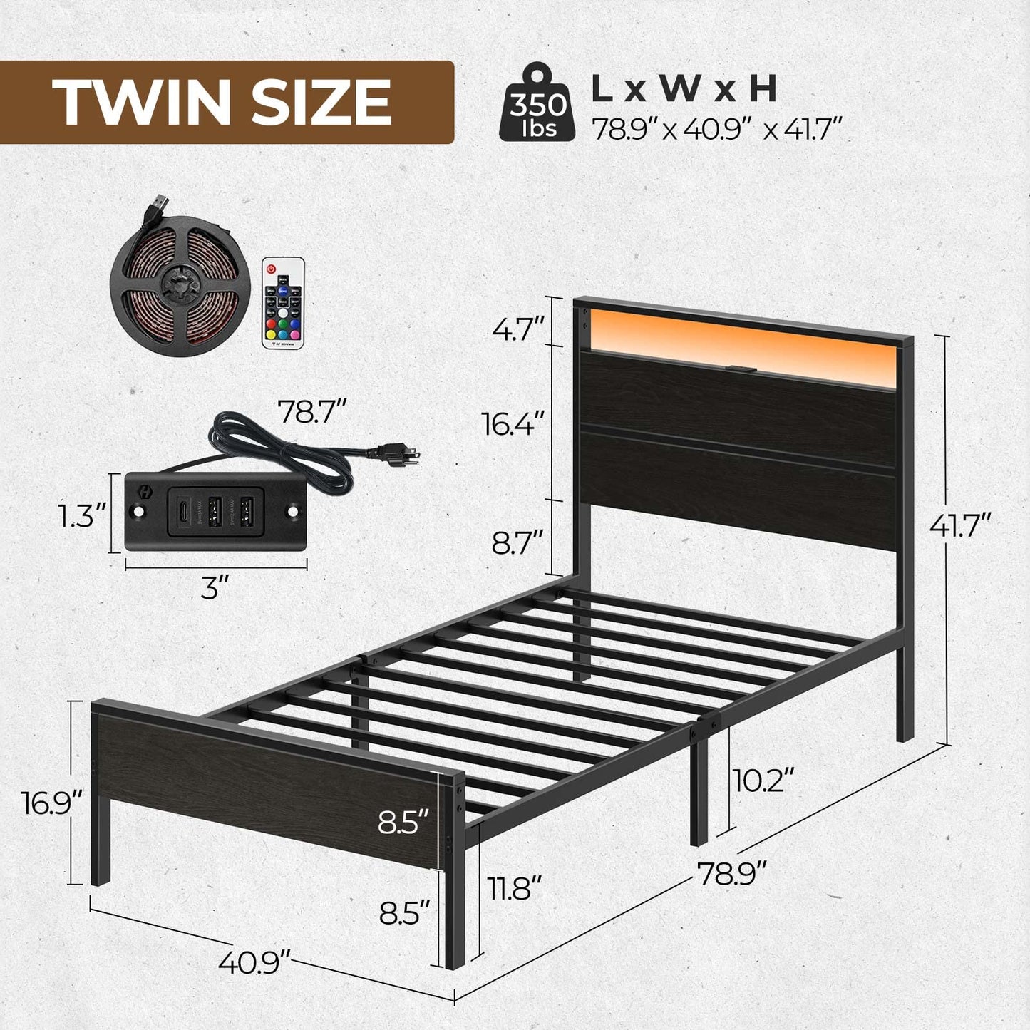 Rolanstar Bed Frame with Charging Station, Twin Bed with LED Lights Headboard, Metal Platform, Strong Metal Slats, 10.2” Under Bed Storage Clearance, No Box Spring Needed, Noise Free