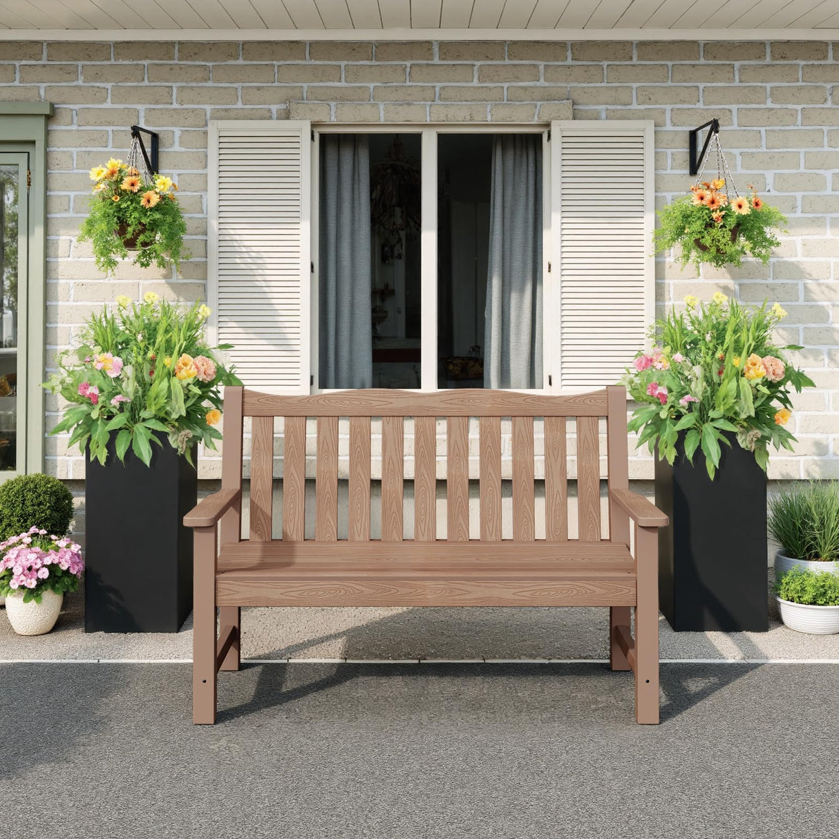 Outdoor Bench, 2-Person Poly Lumber Garden Bench, All-Weather Outside Bench with 800 lbs Weight Capacity, Never Rot or Fade, Looks Like Real Wood, Teak Stoog