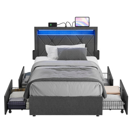 VASAGLE LED Bed Frame Twin Size, Twin Bed with Headboard and 4 Drawers, 1 USB Port and 1 Type C Port, Adjustable Upholstered Headboard 37.1/39.6 Inches, No Box Spring Needed, Dark Gray URMB823G71 VASAGLE