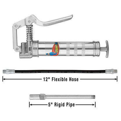 Slippery Pete Mini Pistol Grip Grease Gun. Heavy Duty Design for 3oz Cartridges. 12 inch Flexible Hose and 5 inch Rigid Extension Pipe - WoodArtSupply