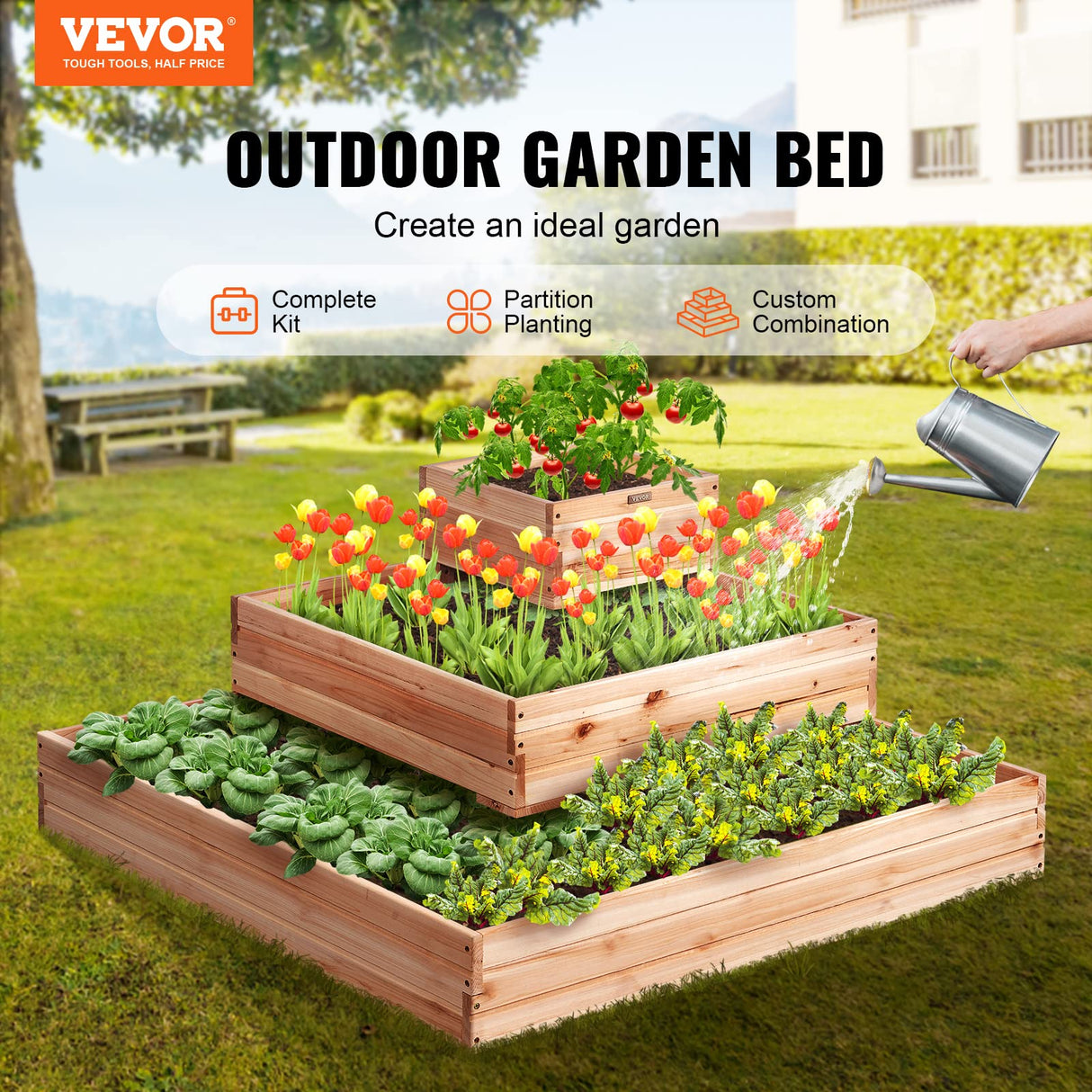 VEVOR 3 Tier Raised Garden Bed Wood Outdoor, 45 x 45 x 20in High End Natural Fir Wood Planter Box, Outdoor Planting Boxes for Flowers/Vegetables/Herbs in Backyard/Garden/Patio/Balcony, with Open Base VEVOR