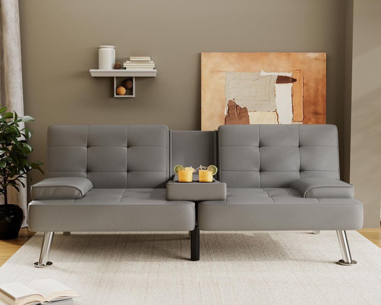 Flamaker Futon Sofa Bed Modern Folding Futon Set PU Leather Convertible Recliner Lounge for Living Room with 2 Cup Holders, Removable Armrests (PU Leather, Grey) Flamaker