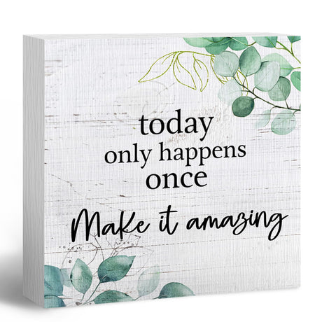 ANIANG Inspirational Wooden Box Sign, Motivational Desk Decor, Rustic Modern Farmhouse Decor, Today Only Happens Once Make It Amazing Wood Block Box Sign Plaque for Office Home Shelf Decor ANIANG