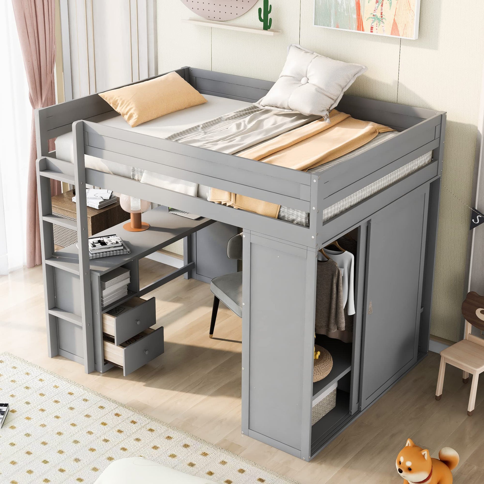 Harper & Bright Designs Gray Full Size Loft Bed with Integrated Desk and Wardrobes - WoodArtSupply