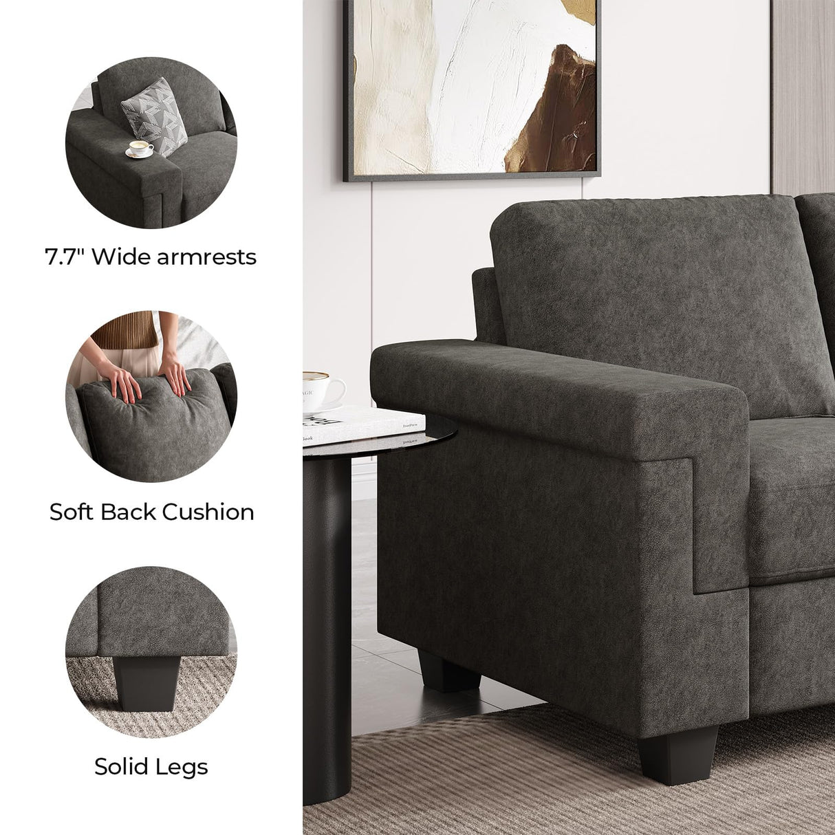 COPIAE 3 Seater Sofa Couch with Deep Seat, 90" Modern Upholstered Sofa with Armrests, Easy Installation, Comfy Couches for Living Room, Apartment, Gray COPIAE