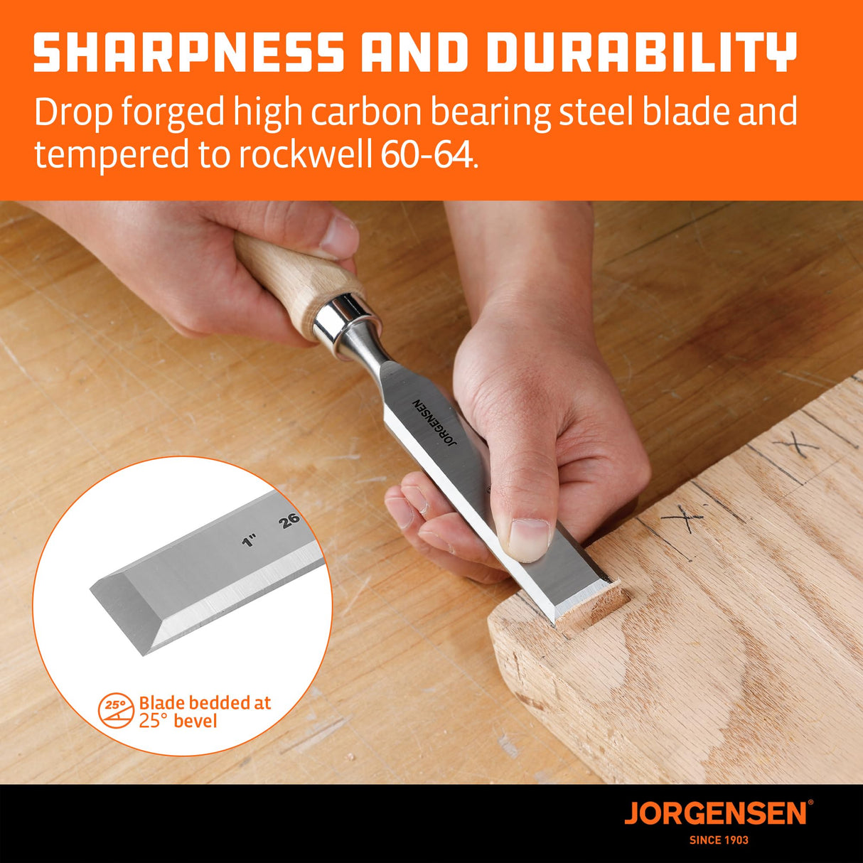 Jorgensen 4-Piece Wood Chisel Set, Chromium Alloy Steel Beveled Edge Wood Chisels, Wood Chisels for Woodworking, Ergonomic Hardwood Handle with Metal Ferrule, 1/4", 1/2", 3/4", 1" Jorgensen