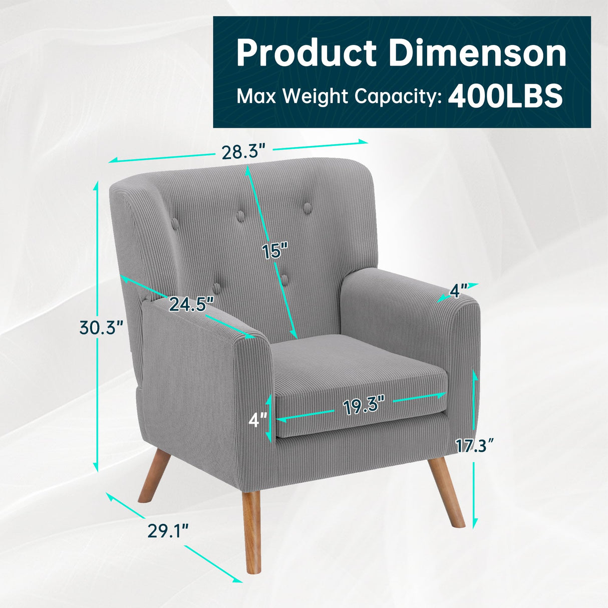 PrimeZone Mid-Century Modern Accent Chair - Comfy Corduroy Living Room Chair, Reading Chair with Button Tufted Design & Wing Back, Cozy Upholstered Armchair for Bedroom, Corner, Grey PrimeZone