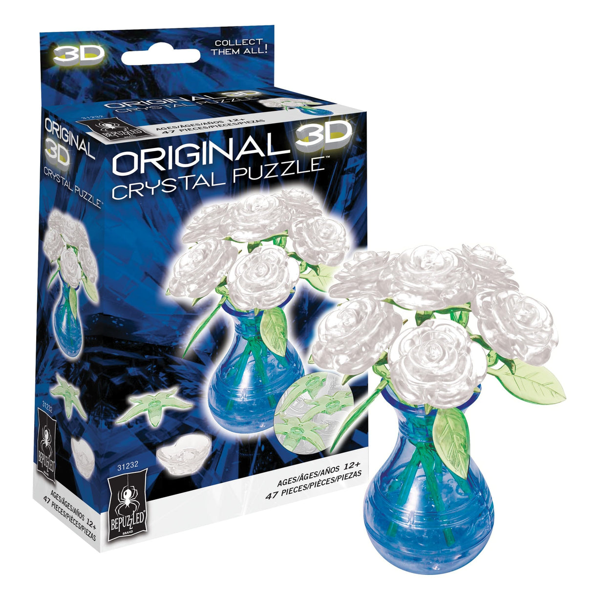 BePuzzled, Roses in Vase White, Original 3D Crystal Puzzle, Ages 12 and up Original 3D Crystal Puzzles