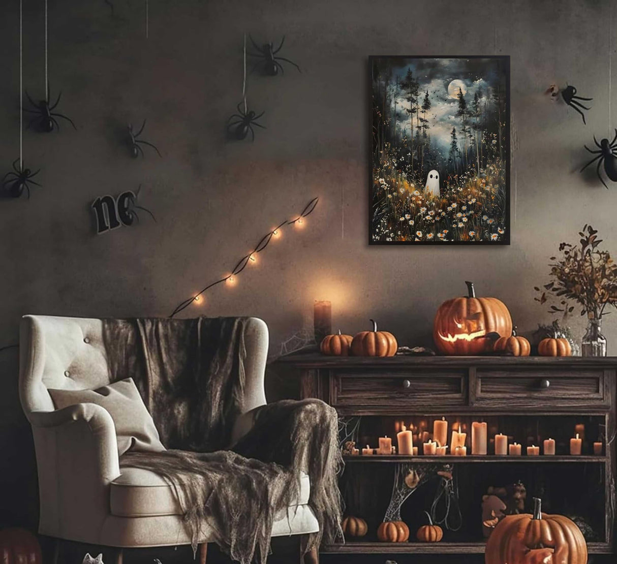 Halloween Whimsical Ghost Paint by Number Kit, 16x20inch Moonlit Forest Floral Meadow DIY Painting for Adults and Kids Art Craft Supplies Frameless Generic