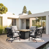 Grand patio 5-Piece Patio Furniture Set with 29-Inch CSA Approved Woodgrain Propane Gas Fire Pit Table Outdoor Rocking Chairs with Gray Olefin Cushions for Dining Party Grand patio