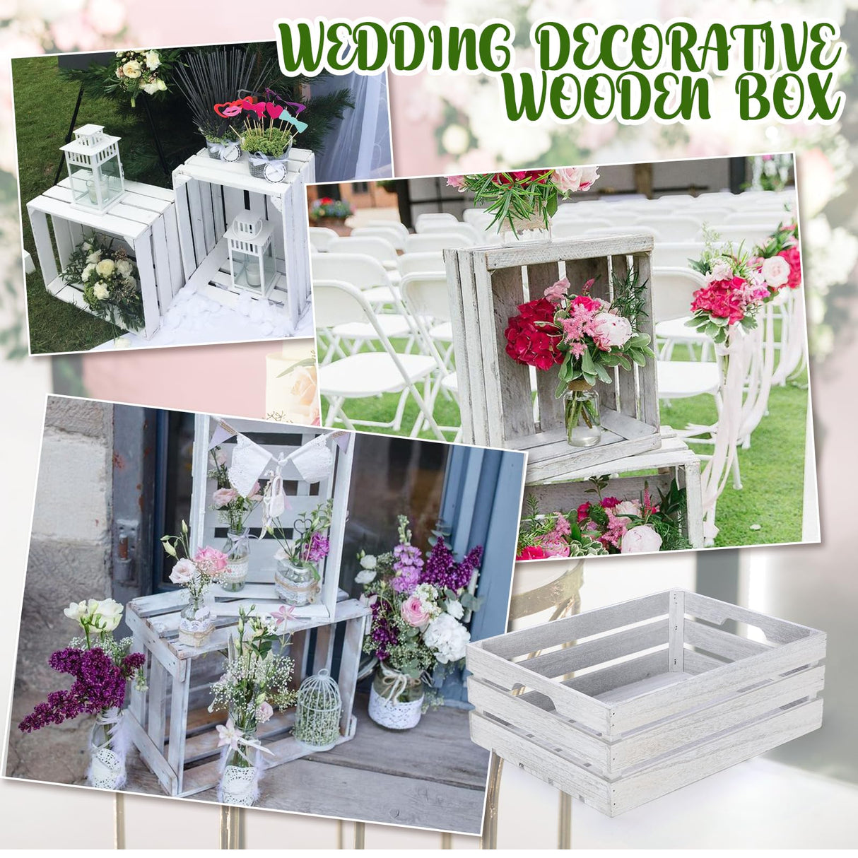 Soaoo 3 Pieces Decorative Wood Crates for Party Display, Large Rustic Wooden Nesting Storage Crates with Handles for Wedding Birthday Home Party Decoration(Rustic White) Soaoo