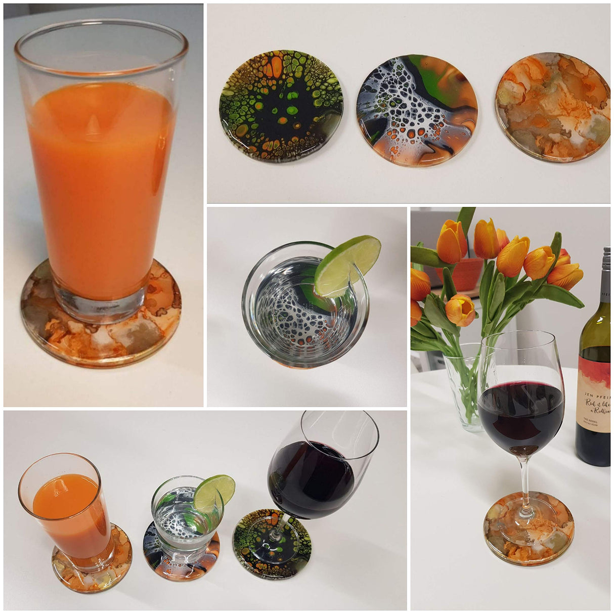 Ceramic Coaster Sets - 12 Round 4 Inch Glossy Non-Absorbent with Cork Backing & 2 Metal Stands - for Sublimate Printing live4art