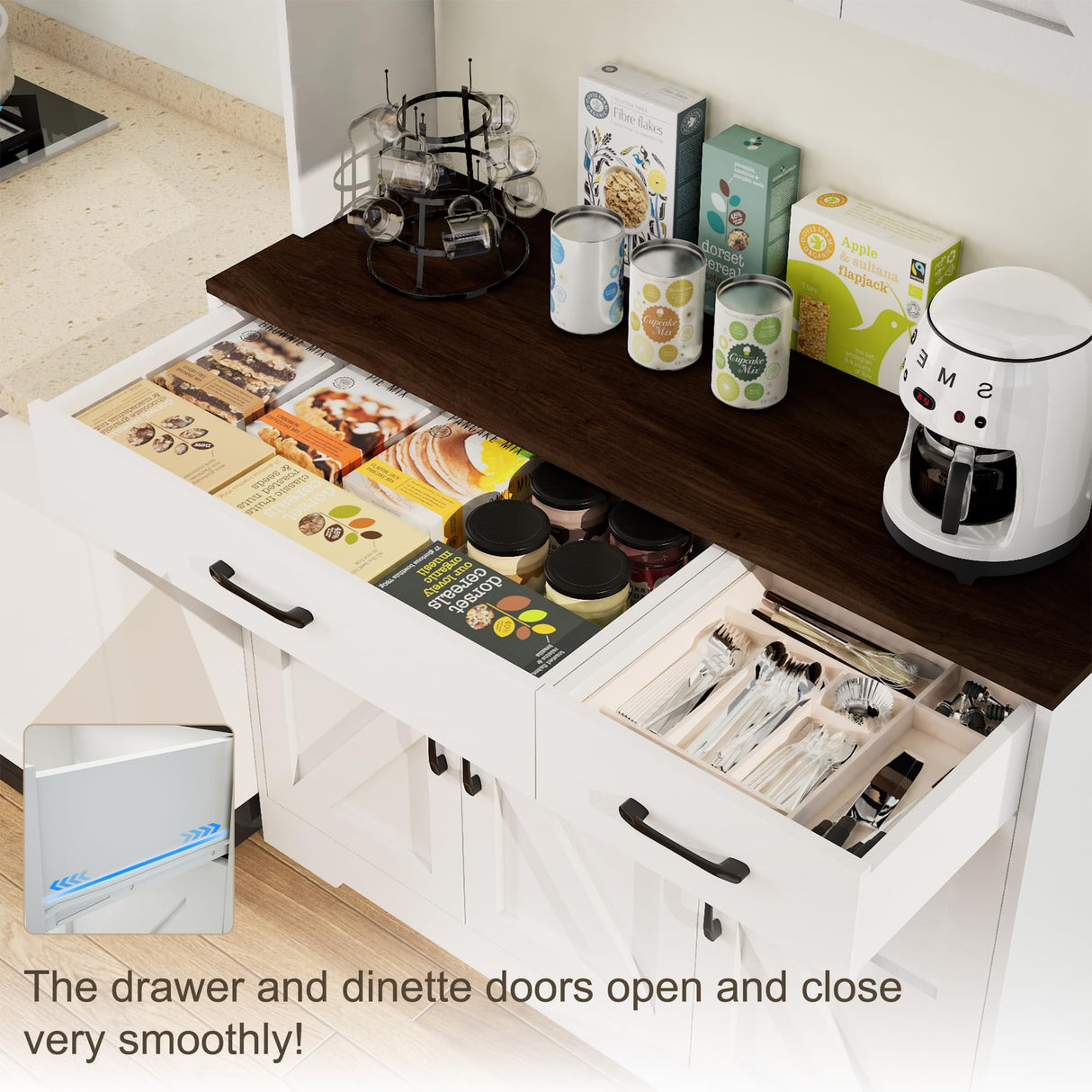 Azaeahom 71" Pantry Cabinet with Charging Station, Kitchen Storage Cabinet with Microwave Stand, 8-Zone Organization, 2 Smooth-Glide Drawers, Open Countertop for Dining, Kitchen, Living Room (White) Azaeahom