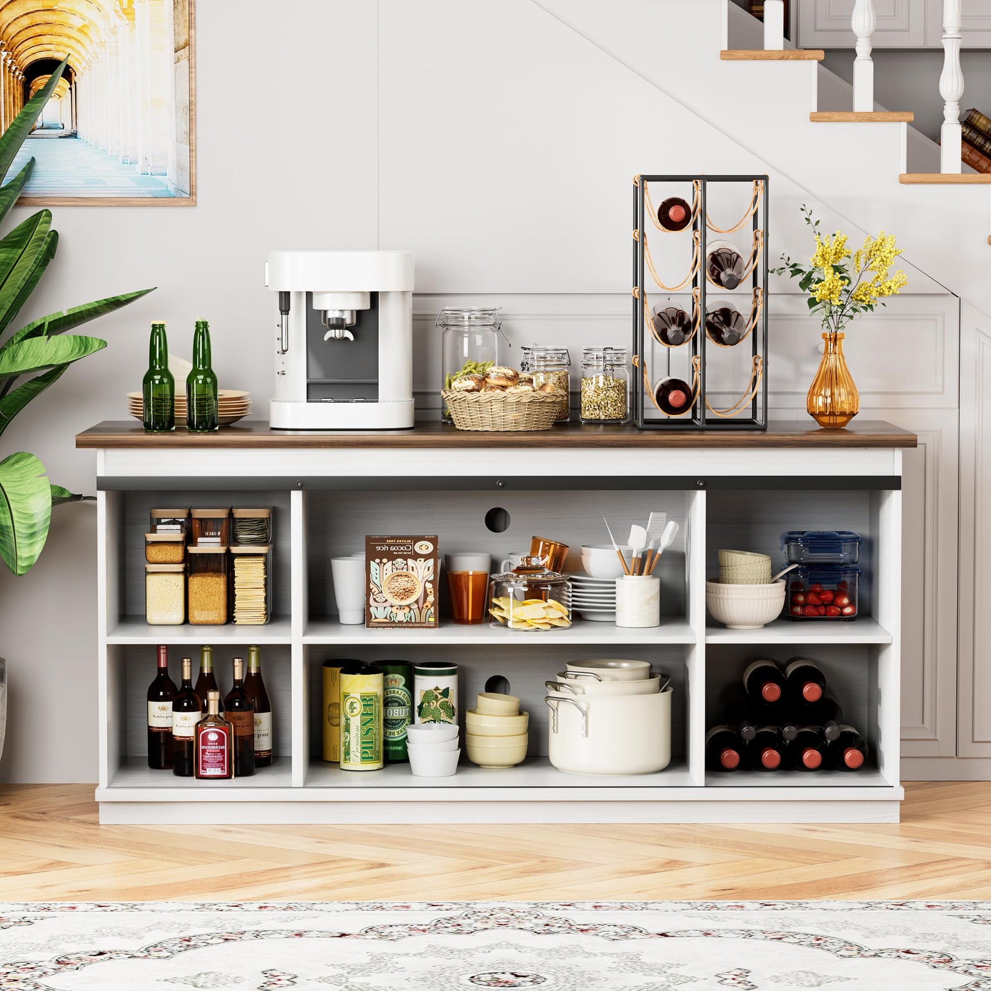 Shahoo Farmhouse Sideboard Buffet Cabinet, Coffee Bar Storage with Sliding Barn Doors, Shelf for Home Dining Room, 27.5 Height, White - WoodArtSupply