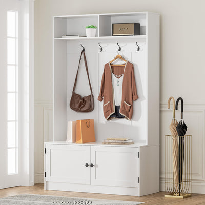 MHOM White Hall Tree with Storage Bench, 65" Tall Entryway Bench with Shoe Storage, Coat Rack and Top Shelf, Freestanding Wooden Hall Tree with Bench for Entryway, and Hallway