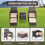 LEVELEVE Balcony Furniture 5 Piece Patio Conversation Set, PE Wicker Rattan Outdoor Lounge Chairs with Soft Cushions 2 Ottoman&Glass Table for Porch, Lawn-Brown Wicker LEVELEVE