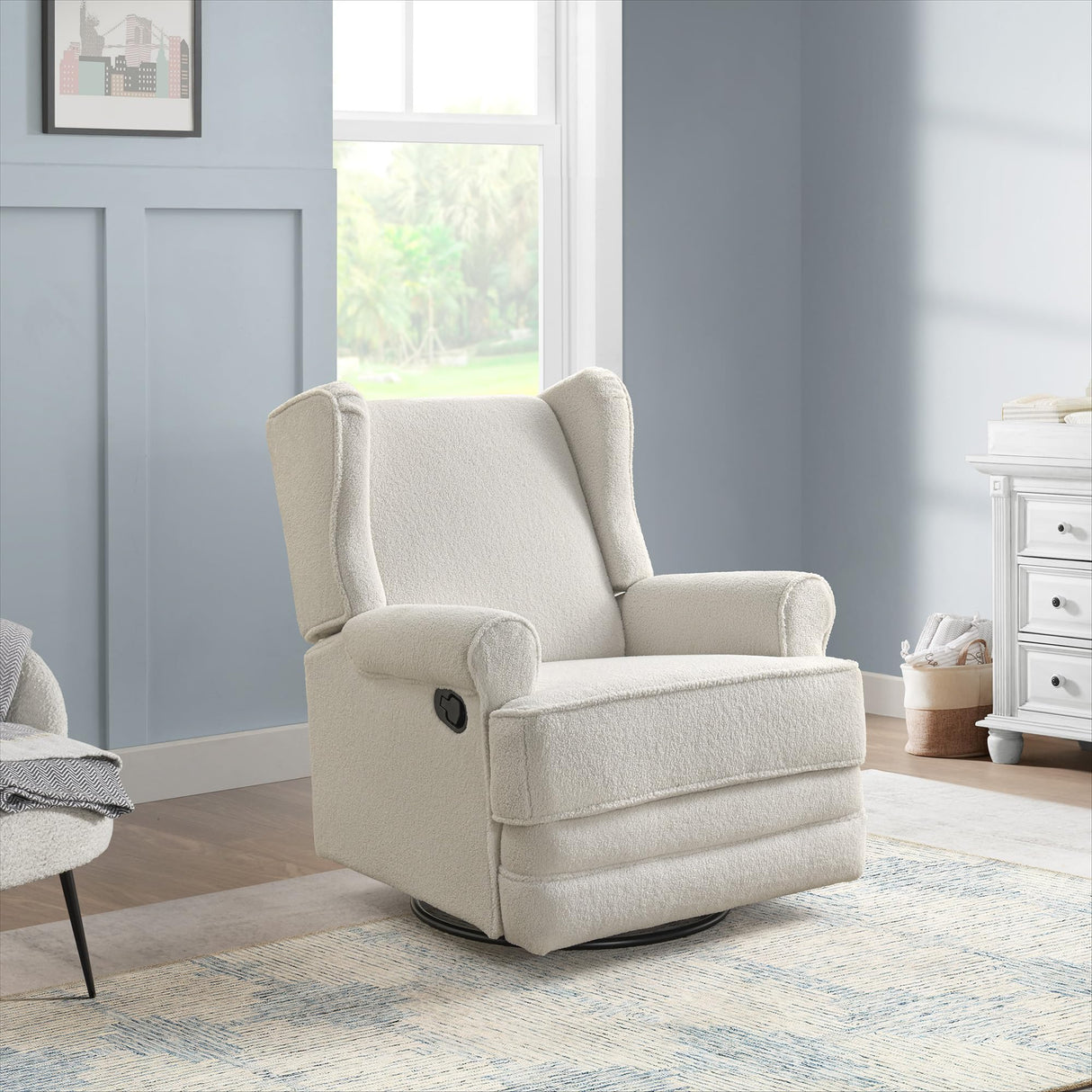 Oxford Baby Teegan Upholstered Swivel Glider & Recliner Nursery Chair, Boucle White Oxford Baby