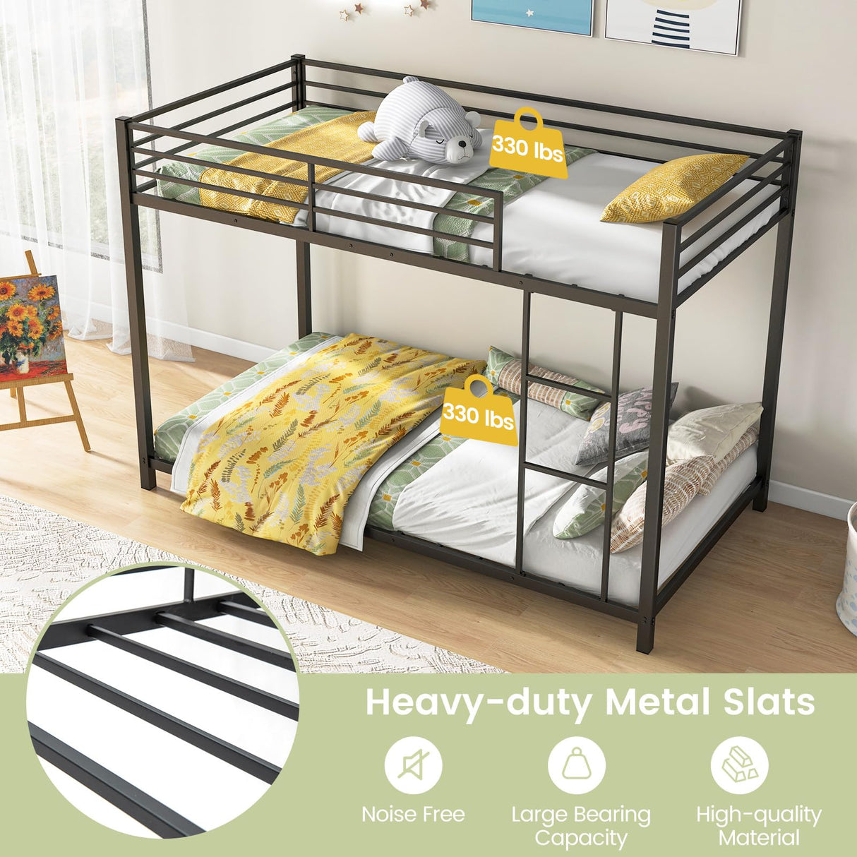 Giantex Metal Bunk Bed Twin Over Twin, Low Profile Bunk Bed Frame with Ladder & Full Length Guardrail, Space-Saving Twin Size Bed Frame for Kids Teens, No Box Spring Needed, Black Giantex