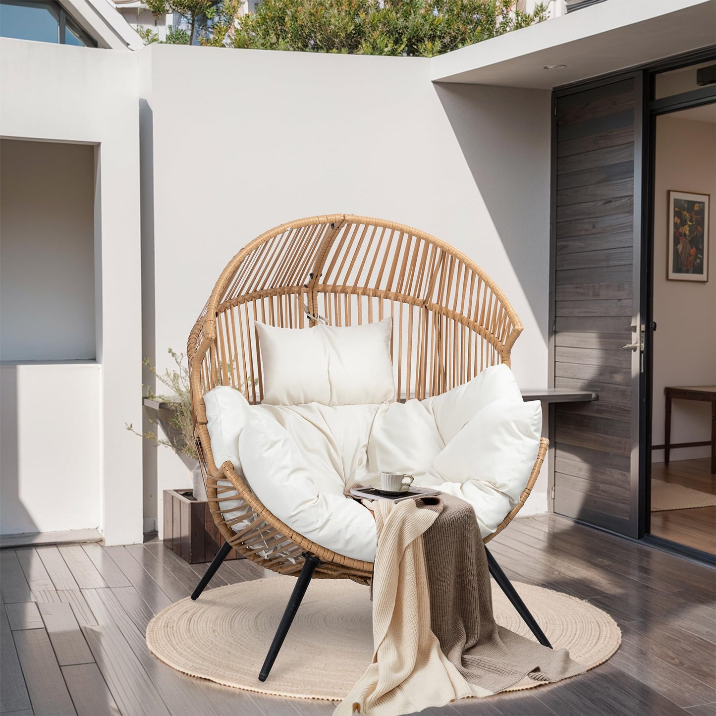 JAMFLY Egg Chair Outdoor Wicker Patio Chair, Oversized Lounger Chair with Cushion Egg Basket Chair for Indoor Living Room Bedroom Outside Patio Backyard Balcony - WoodArtSupply