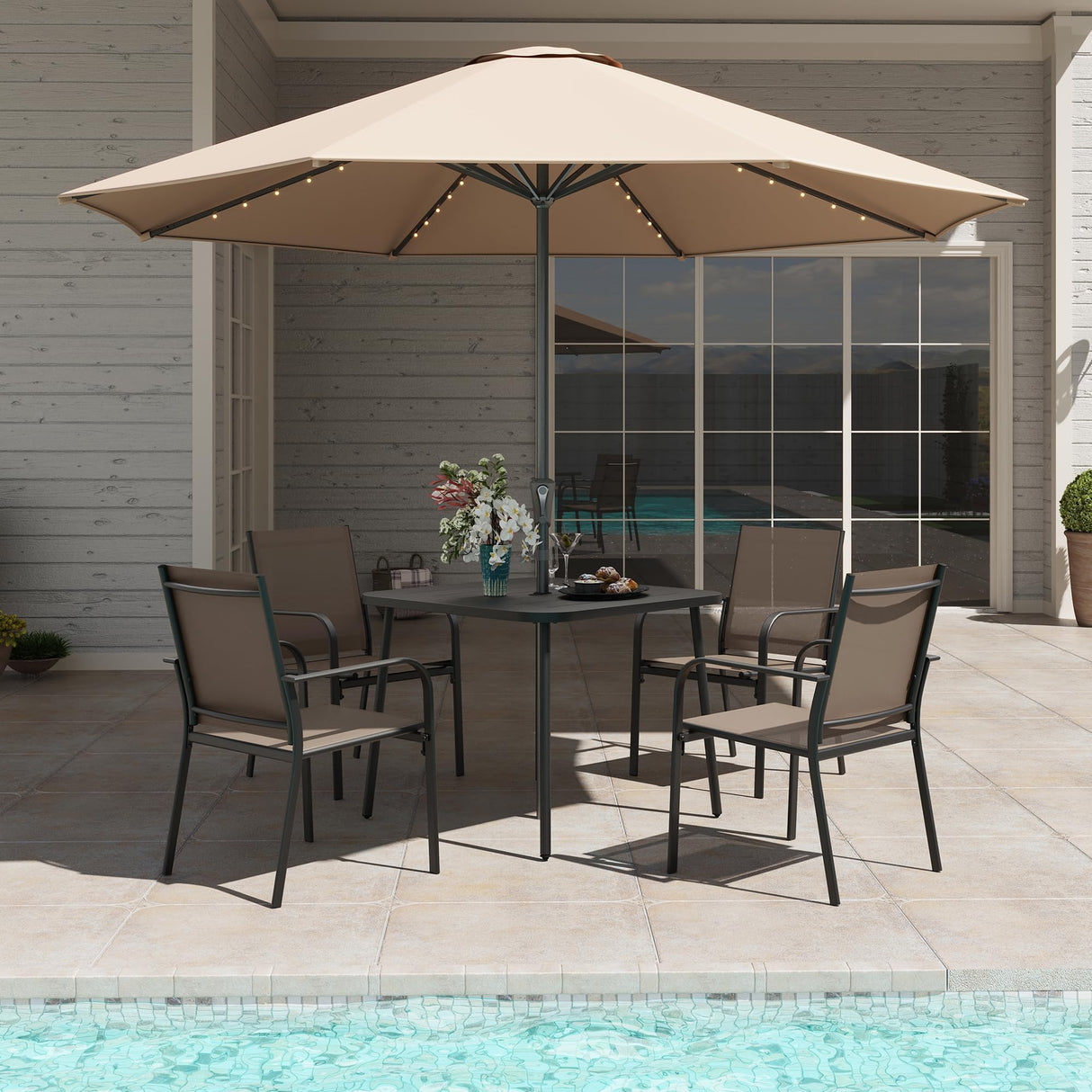LAUSAINT HOME 5-Piece Outdoor Dining Set, Patio Furniture Set with Textilene Chairs and Square Metal Table, All-Weather Table and Chairs Set with Umbrella Hole for Backyard, Garden, and Poolside LAUSAINT HOME