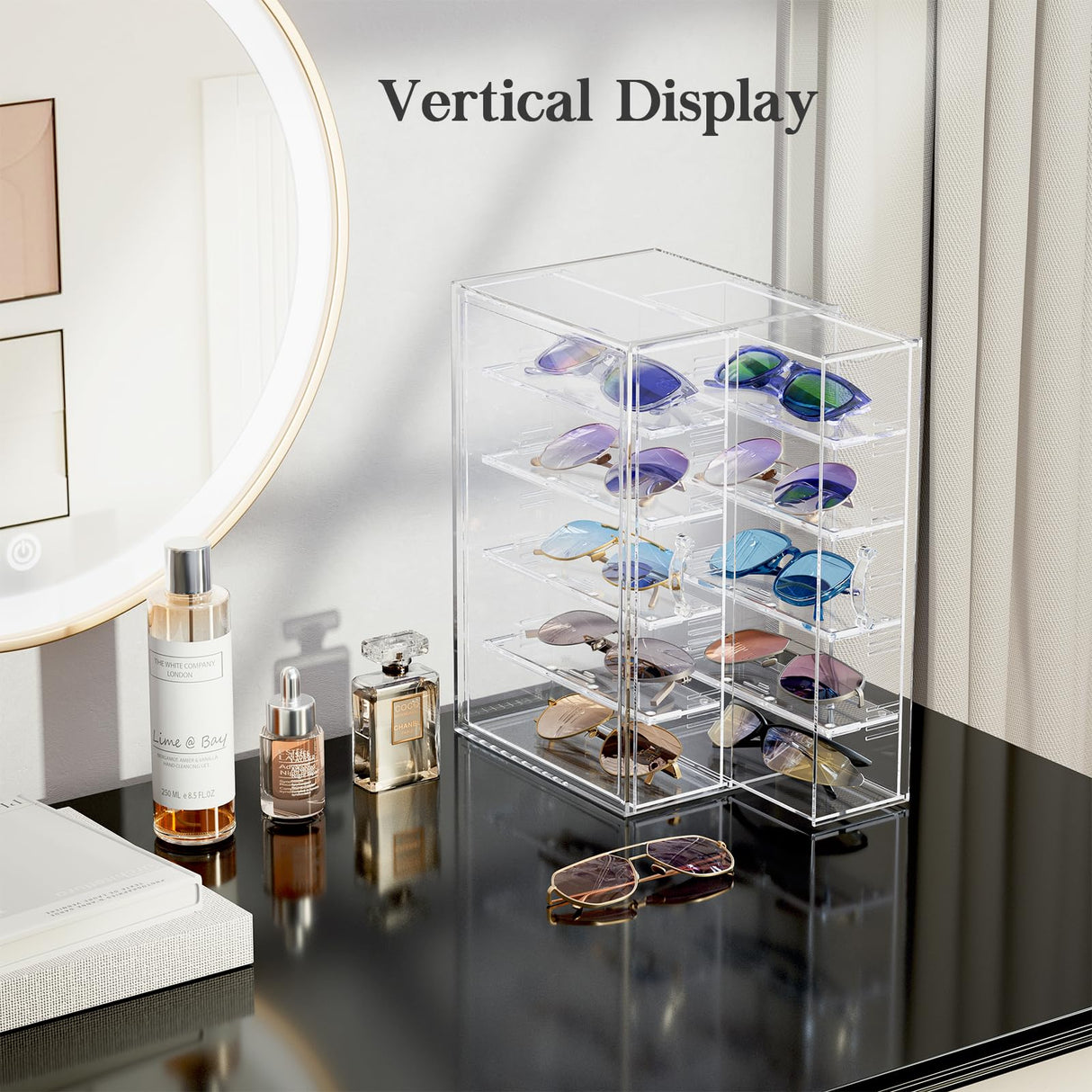 Lolalet Clear Sunglasses Organizer with Drawer, Eyeglass Eye Wear Display Case Storage Box with Removable Dividers for Multiple Pairs -1 Pack Lolalet