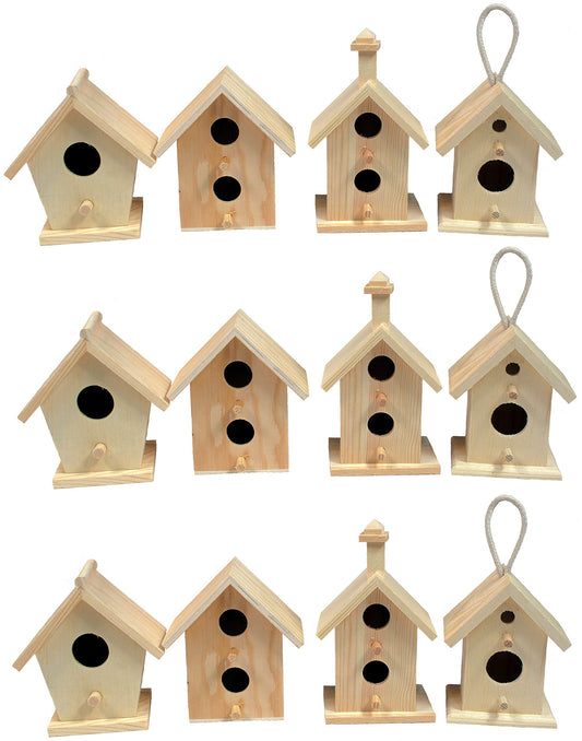 Creative Hobbies 12 Pack of Wooden Bird Houses to Paint, Unfinished DIY Design Your Own Great for Crafts, Weddings, Bible Camp and More!