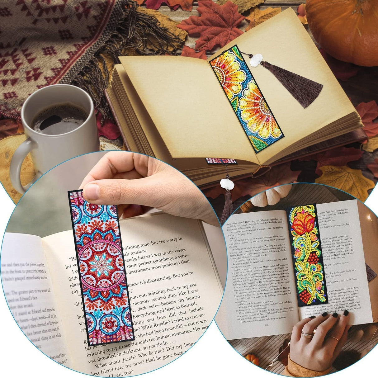 EEEKit 6 PCS Diamond Painting Bookmarks, DIY Art Bookmark Kit for Adults, Floral Tassel Leather Page Bookmark for Book Lovers, Christmas Gifts EEEKit