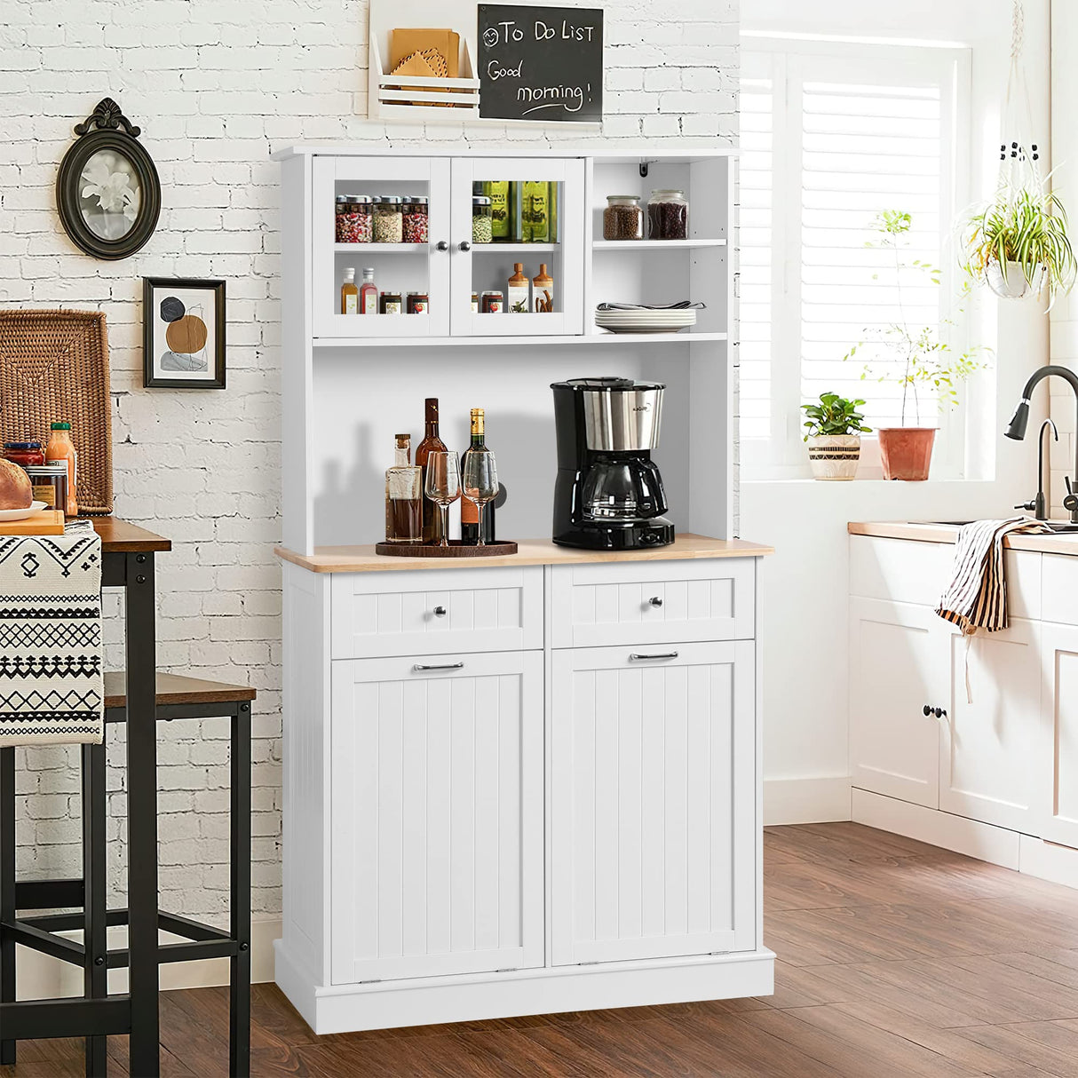 YOCONYO Double Tilt Out Trash Cabinet Storage Cabinet 20 Gallon with Two Solid Wood Hideaway Trash Holder Drawers, Dual Wooden Free Standing Recycling Cabinets Trash Can Bin Kitchen (white) YOCONYO