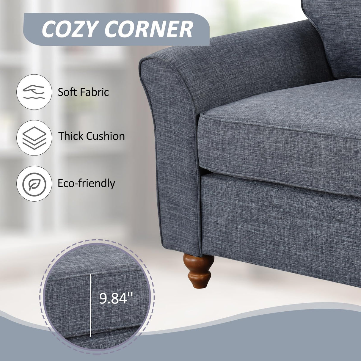 EBELLO Modern Linen Fabric Loveseat Sofa, Upholstered 2-seat Sofa Couch Wood Frame and Sturdy Legs for Living Room Bedroom Office, Dark Blue EBELLO