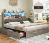 AOGLLATI Farmhouse Full Size Bed Frame with 4 Storage Drawers and Charging Station, Wooden Full Bed Frame with Hidden Space Bookcase Headboard and Led Lights & Metal Slats, Gray AOGLLATI