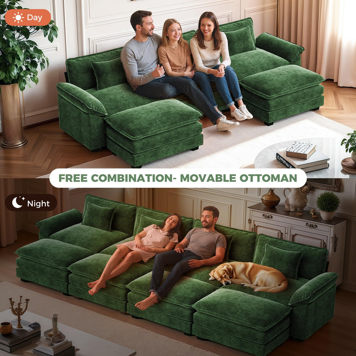 CDCASA 154" Oversized Modular Sectional Sofa, Comfy U-Shaped Cloud Couch w/ 3 Movable Ottoman, 7-Seater Chenille Deep Seat Modern Sofa Couch for Living Room, DIY Combination, Green CDCASA