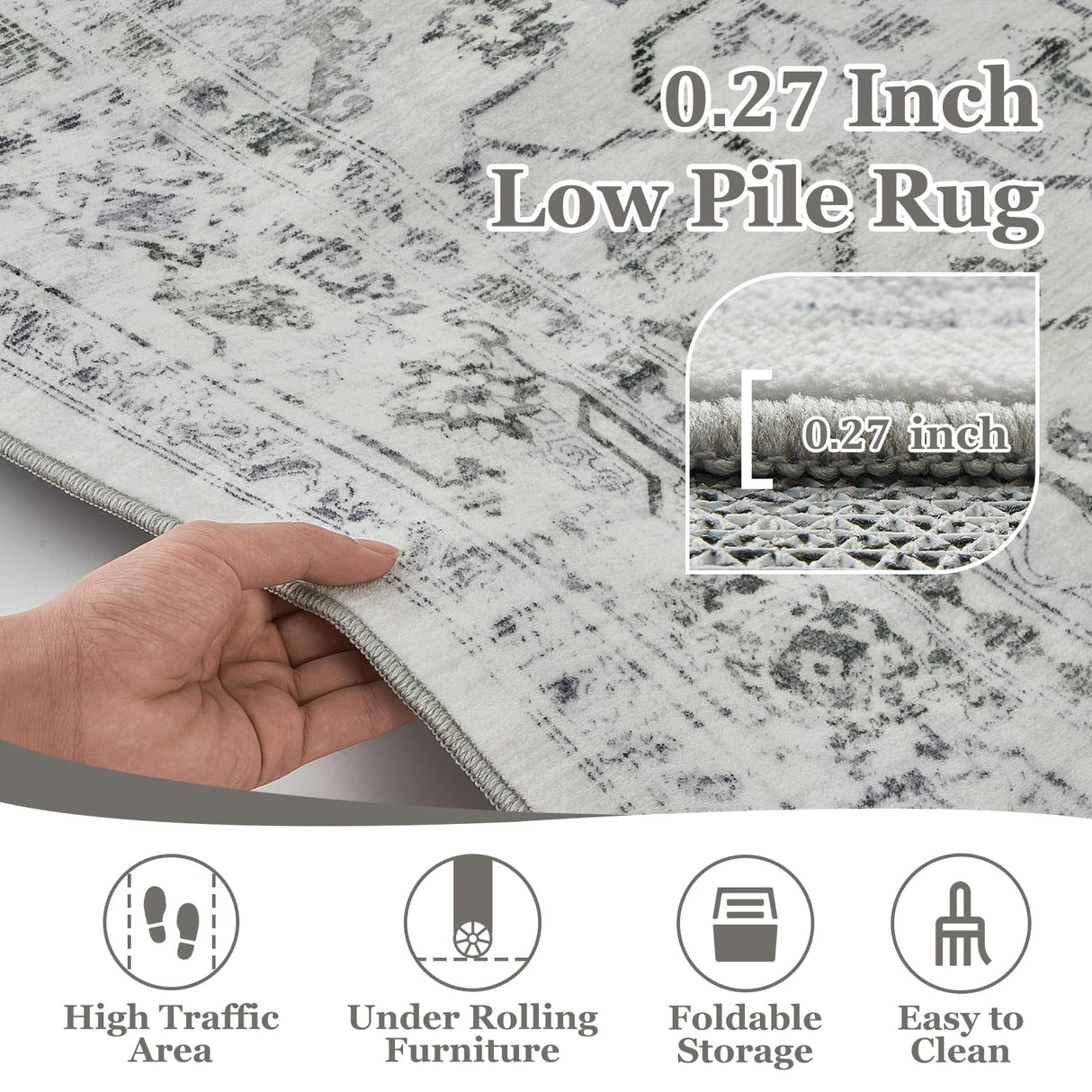 Jainmy Distressed Farmhouse 5x7 Area Rugs for Living Room Bedroom Non Slip Washable, Medallion Pattern Printed Low Pile Thin Carpet Rugs for Dining Room/Kitchen/Home Office, Off White/Grey Jainmy