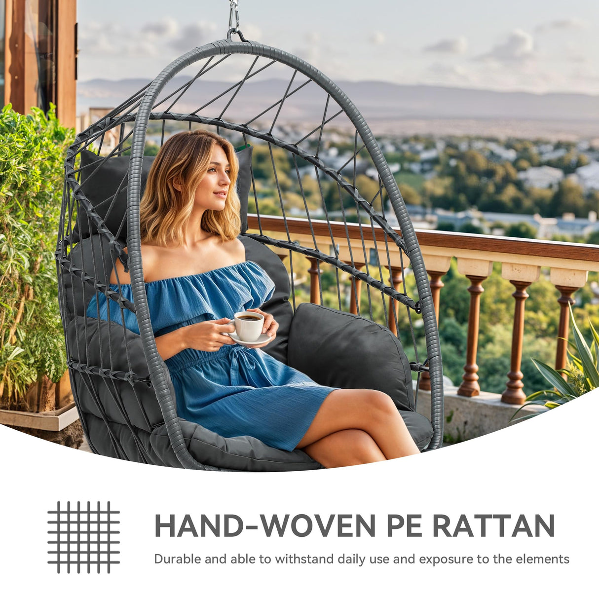 YITAHOME Hanging Egg Chair, Patio Wicker Hammock Egg Chair Basket Swing with Cushion, Outdoor 330lbs Rattan Outdoor Swing for Balcony Garden Bedroom, Gray (Stand not Included) YITAHOME