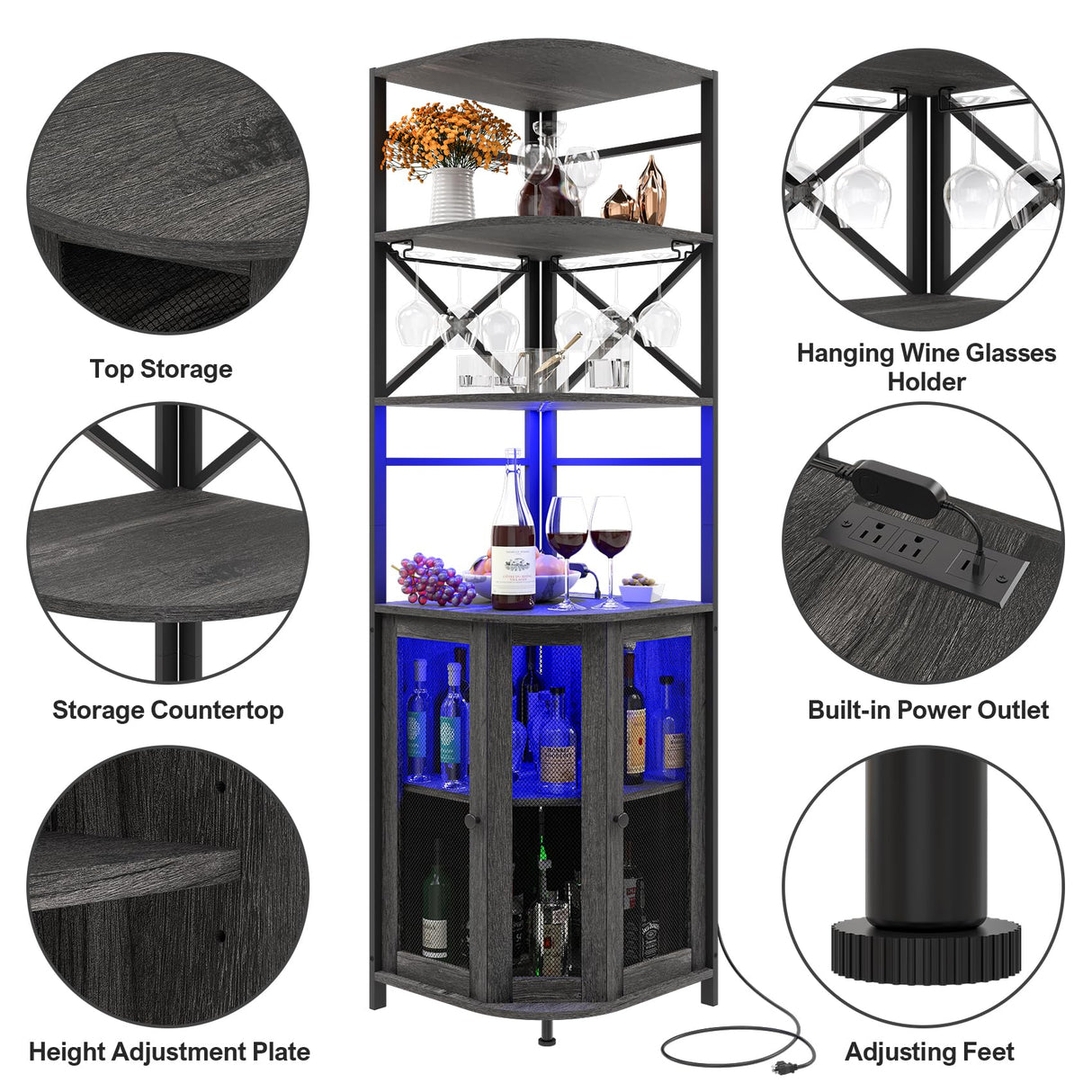 Aufvolr Wine Bar Cabinet with Power Outlet, 6-Tiers Industrial Wine Cabinet with LED Light and Glass Holder, Corner Bar Cabinet with Adjustable Shelf and Mesh Door, Liquor Cabinet Bar for Home Aufvolr