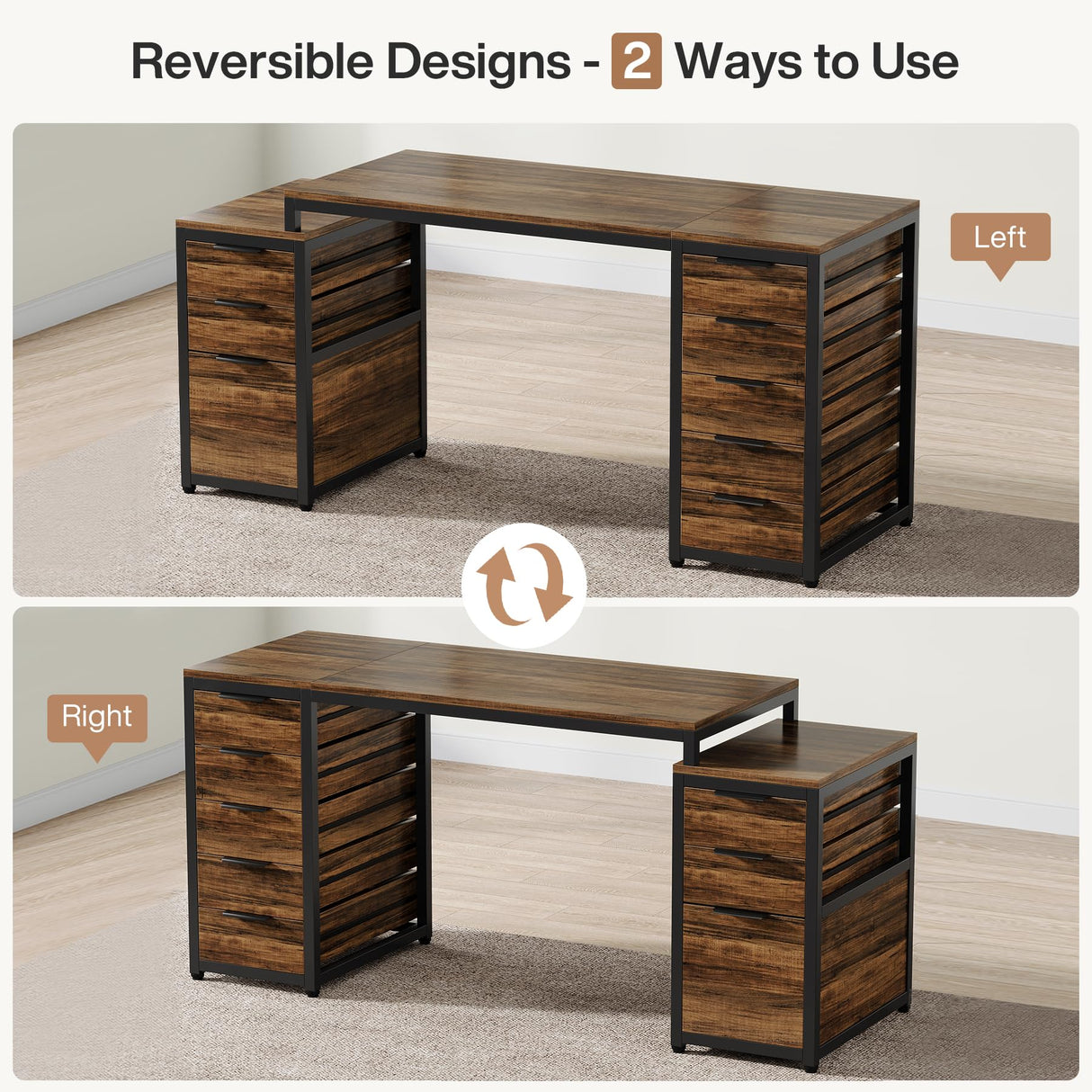 Tribesigns Computer Desk with 8 Drawers, 63" Office Desk with Reversible File Cabinet and Storage Drawers, Industrial PC Desk Study Writing Table Workstation for Home Office, Rustic Brown Tribesigns