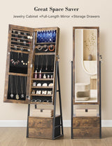 Nicetree Jewelry Cabinet Armoire with 2 Drawers, Lockable Standing Jewelry Mirror Cabinet, Full Length Mirror with Jewelry Storage, Rustic Brown Nicetree