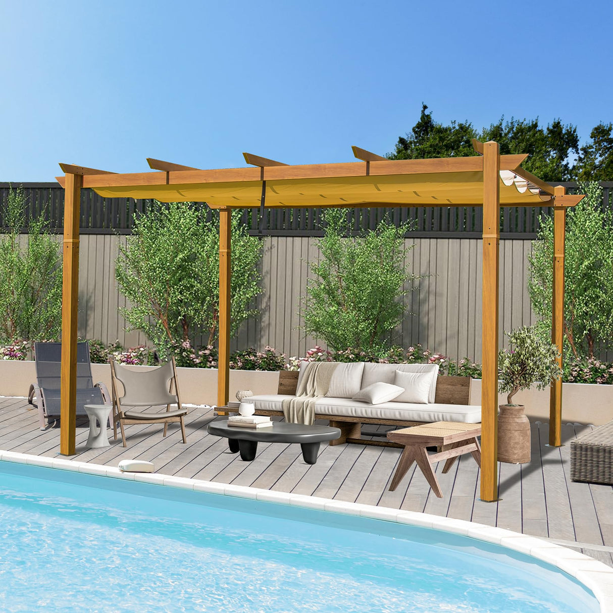 Domi 9’ x 13’ Outdoor Retractable Pergola Against The Wall with Weather-Resistant Canopy Aluminum Garden Pergola Patio Grill Gazebo for Courtyard(Teak Coated) domi outdoor living