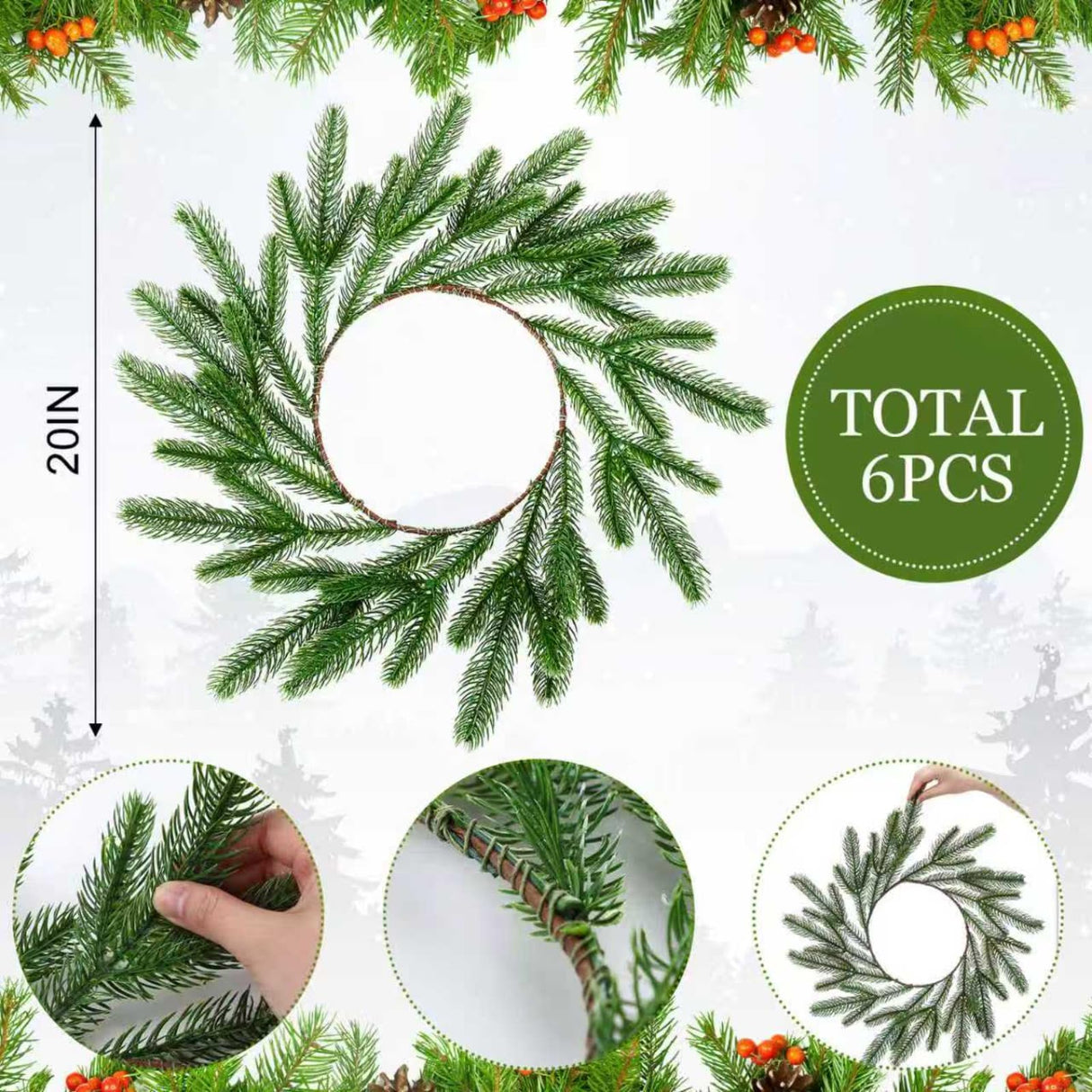 Gandeer Christmas Placemats Set of 6 Round Greenery Place Mats Xmas Circular Artificial Wreath Dining Table Decor Winter Fake Plants Branches Mats for Kitchen Accessories(Norfolk) Gandeer