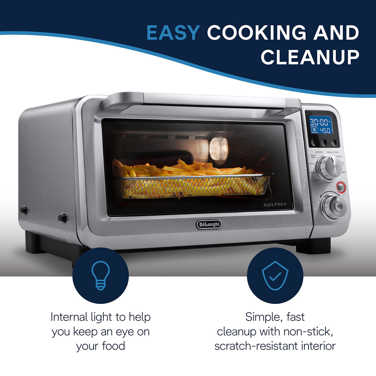 De'Longhi Air Fry Oven, Premium 9-in-1 Digital Air Fry Convection Toaster Oven, Grills, Broils, Bakes, Roasts, Keep Warm, Reheats, 1800-Watts + Cooking Accessories, Stainless Steel, 14L, EO141164M De'Longhi