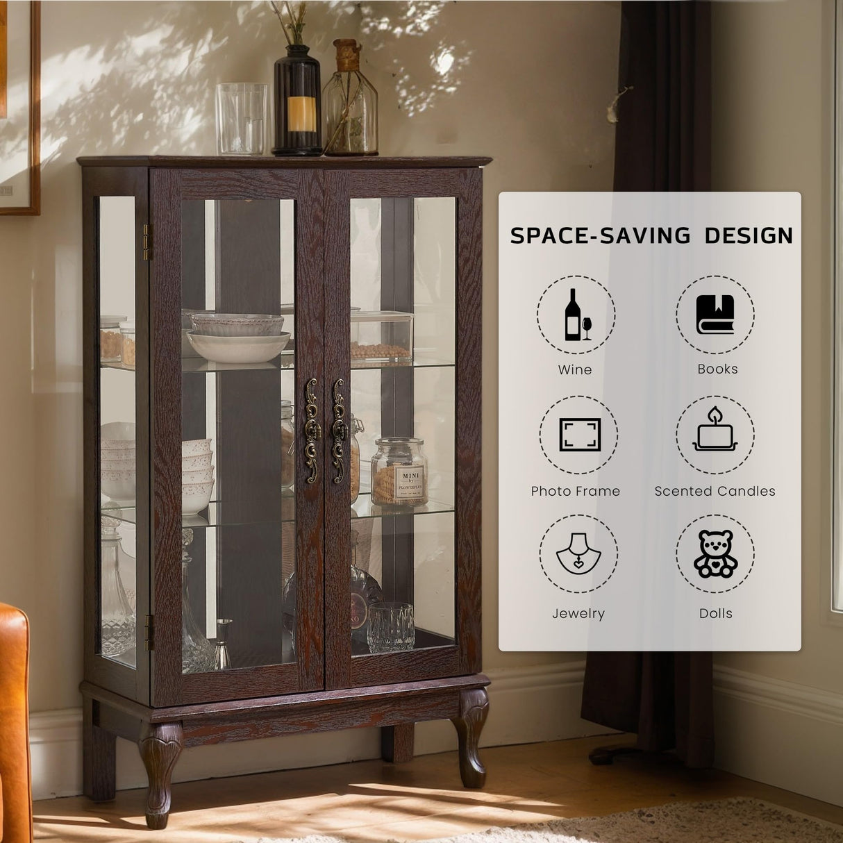 44"H Lighted Glass Display Cabinet with Glass Doors, Wooden Curio Cabinet with 3 Adjustable Shelves, Mirrored Back Panel, Arched China Cabinet for Living Room, Light Bulb Included (Dark Cherry) Eyisean