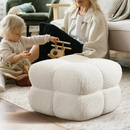 Zesthouse Square Pouf Ottoman, Modern Ottoman Coffee Table for Living Room, Fuzzy Sherpa Ottoman Foot Rest, Upholstered Tufted Ottoman Stool for Couch, White