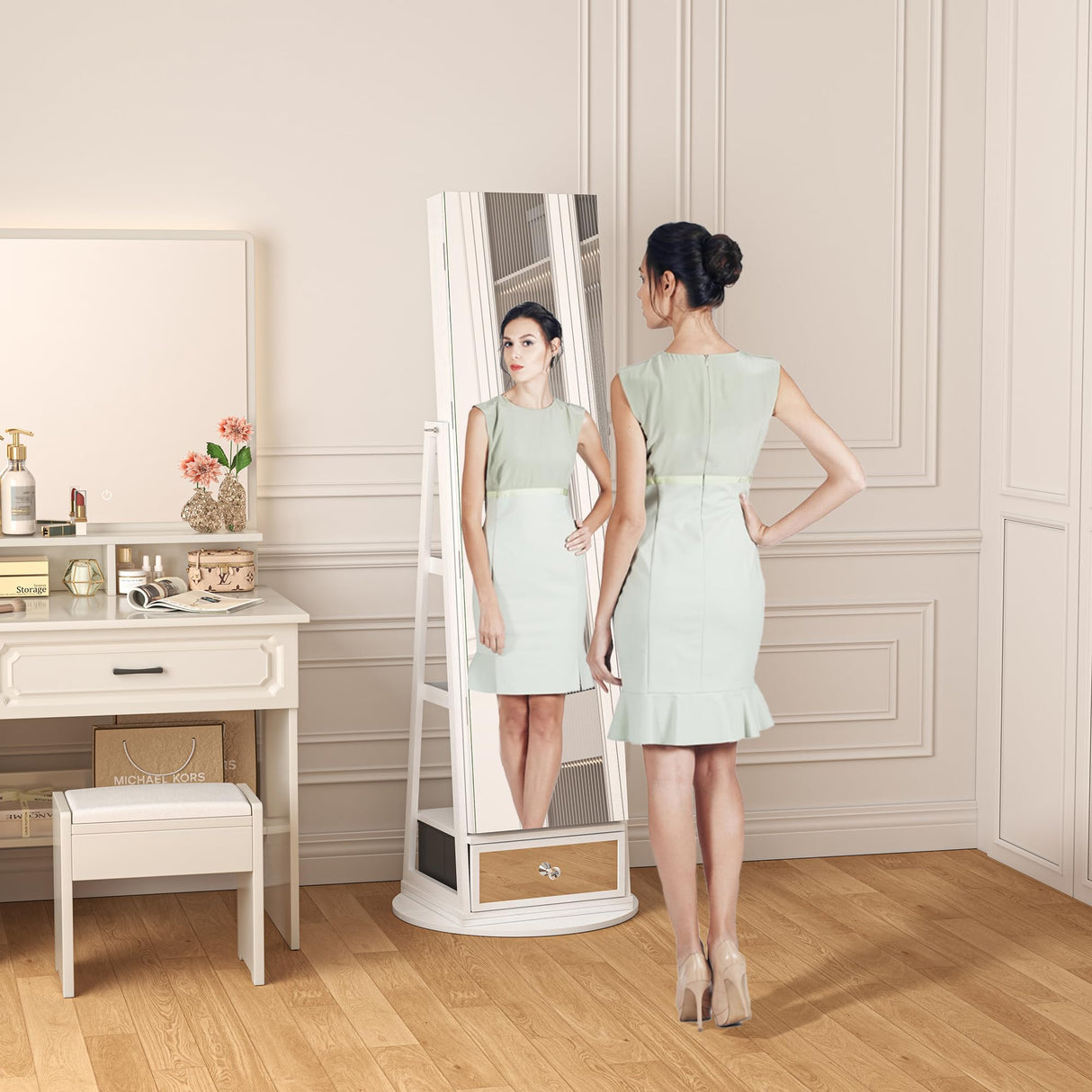 TJYGO 360° Swivel Jewelry Cabinet with Mirror, 6 LED Lights, Rotatable Full Length Mirror with Jewelry Storage Shelf, Standing Jewelry Armoire Organizer, Foldable Makeup Shelf TJYGO