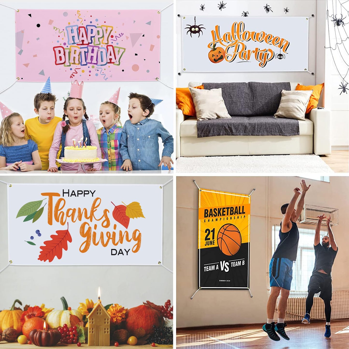 4 Pcs Polyester Oxford Cloth Blank Banners - Blank Banner Signs with Hanging Ropes, 2x4 ft DIY Blank Sublimation Vinyl Banners for Birthday Party Wedding Thanksgiving Christmas Indoor Outdoor Display