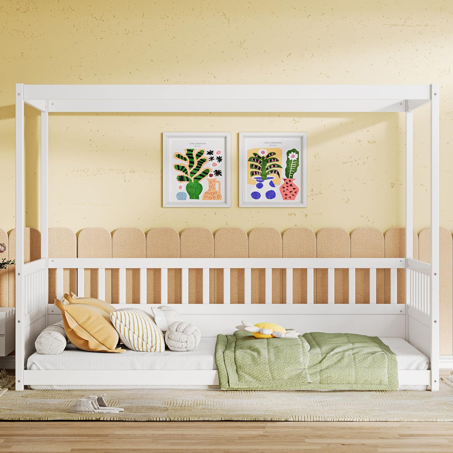 Twin Size Canopy Bed Frame with 4 Posters and Guardrails, Twin Size Montessori Floor Bed with High Fence, White Montessori Bed Twin Size