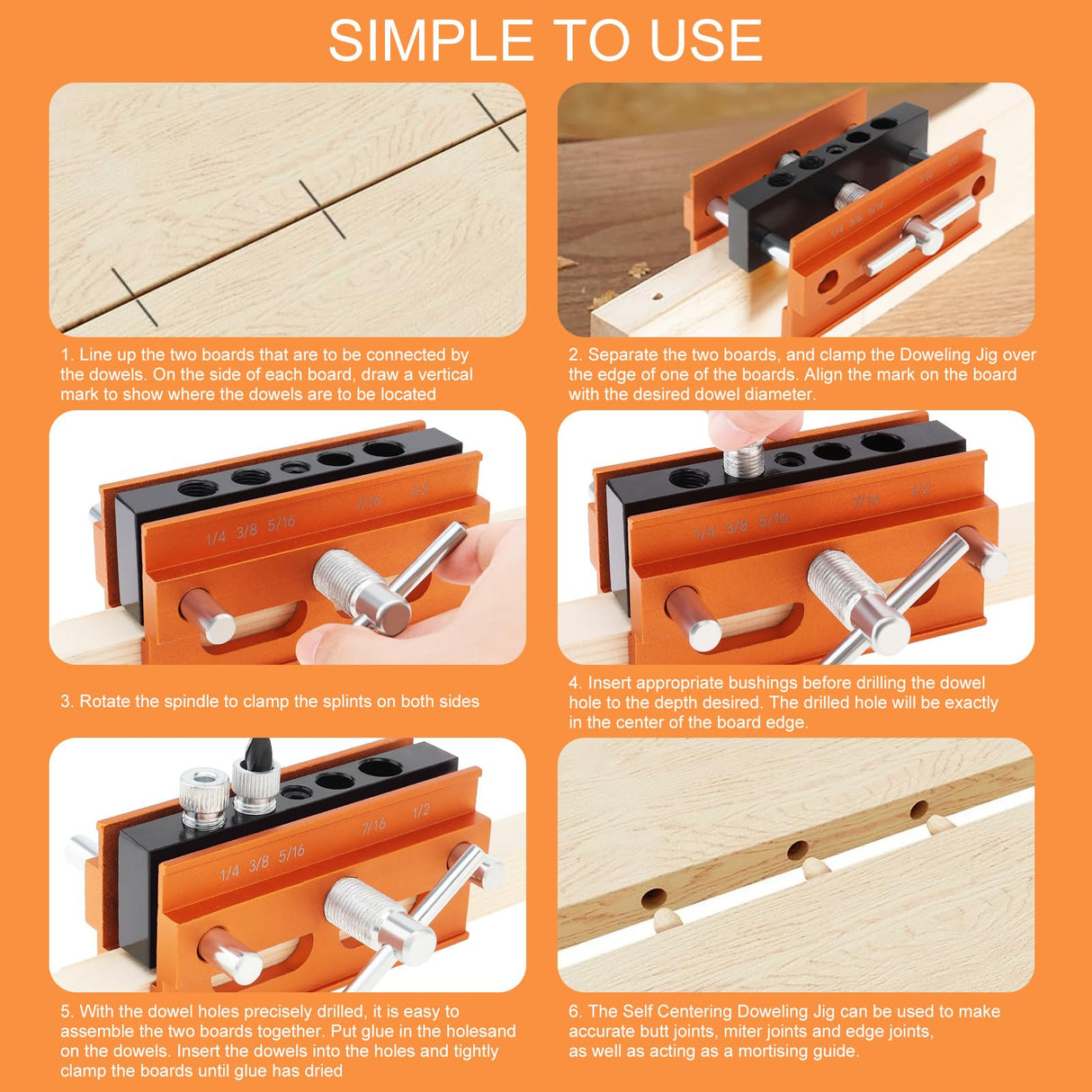 Omninmo Self Centering Doweling Jig, Adjustable Width Dowel Jig Kit for Straight Holes, Biscuit Joiner Set with 3 Drill Bits, 6 Drill Guide Bushings, 30 Wooden Dowels Omninmo