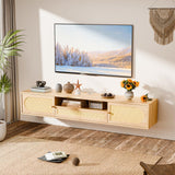 VINGLI 58" Rattan Floating TV Stand, Wall Mounted Entertainment Center with Storage and Drawer, Media Console with Storage Cabinet Shelf Under TV for Living Room, Natural Oak VINGLI