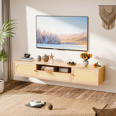 VINGLI 58" Rattan Floating TV Stand, Wall Mounted Entertainment Center with Storage and Drawer, Media Console with Storage Cabinet Shelf Under TV for Living Room, Natural Oak VINGLI